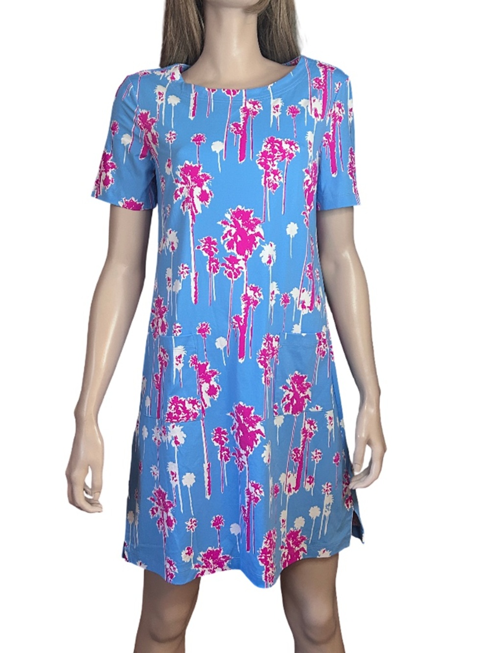 Persifor Shift Dress Jersey Knit Magenta Sky Blue Palm Tree Print Made USA NWOT